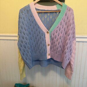 SHEIN Pastel Pink purple color block knit sweater cardigan oversized S